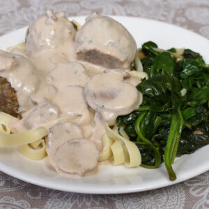 Swedish meatballs with fettuccine and spinach